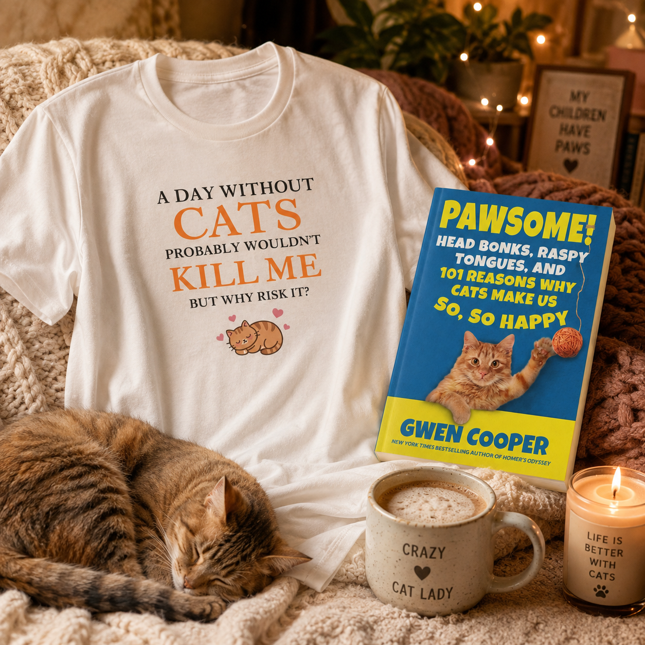 A Day Without Cats and PAWSOME! Tee and Paperback Bundle